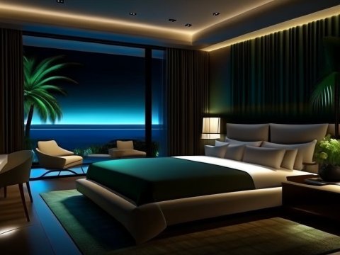 Modern Hotel Room with Ocean View at Night