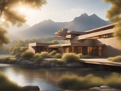 Modern House by a Serene Lake with Mountain View