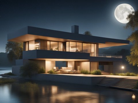 Modern House by the Lake Under Full Moon