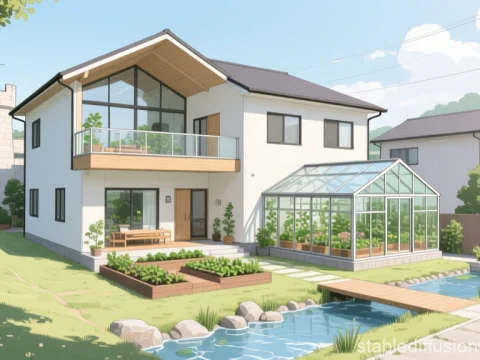 Modern House with Greenhouse and Garden in Sunny Suburb