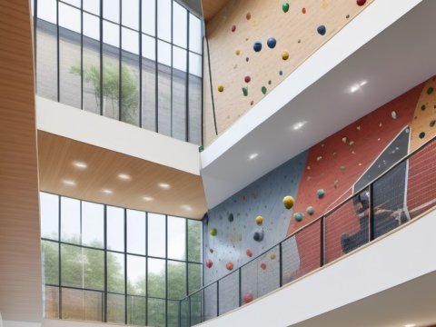 Modern Indoor Sports Facility with Climbing Walls and Basketball Court