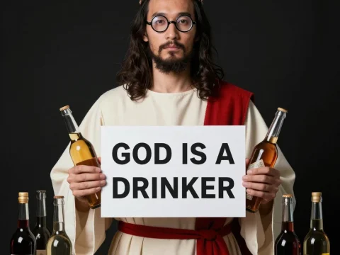 Modern Jesus Holding 'God Is A Drinker' Sign with Bottles