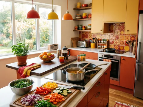 Modern Kitchen with Warm Red and Yellow Tones
