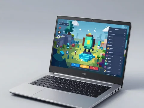Modern Laptop Displaying Colorful Pixel Art Game Interface