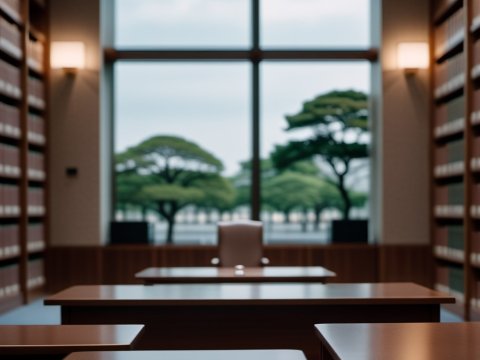 Modern Library Interior with Large Window and Trees Outside