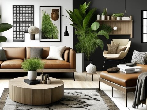 Modern Living Room with Earth Tones and Greenery