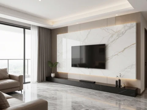 Modern Living Room with Gold Marble Accent Wall