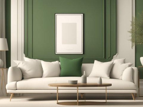 Modern Living Room with Green Accent Wall and Minimalist Decor
