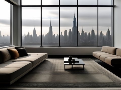 Modern Living Room with Panoramic New York Skyline View