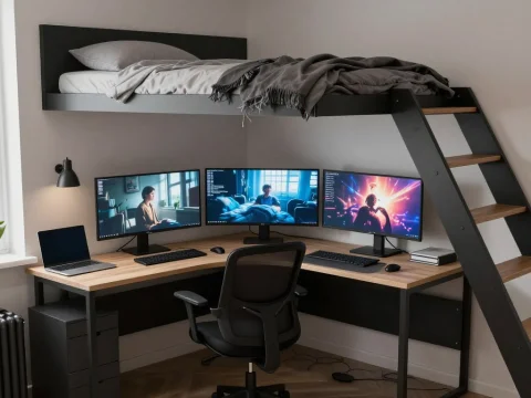 Modern Loft Workspace with Triple Monitors and Elevated Bed