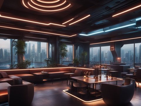 Modern Lounge with Cityscape Views and Ambient Lighting