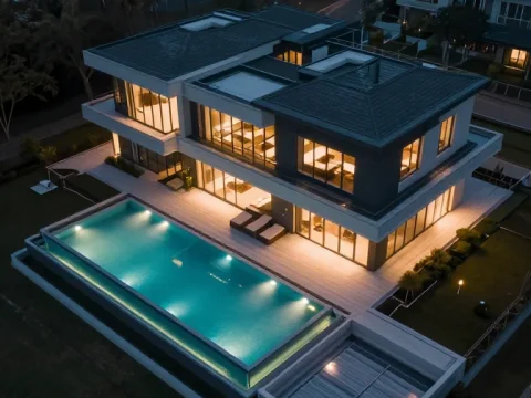 Modern Luxury Villa with Illuminated Pool at Night
