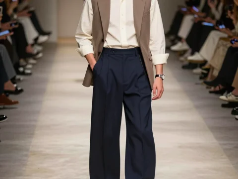 Modern Men's Fashion on Runway with Relaxed Trousers and Vest