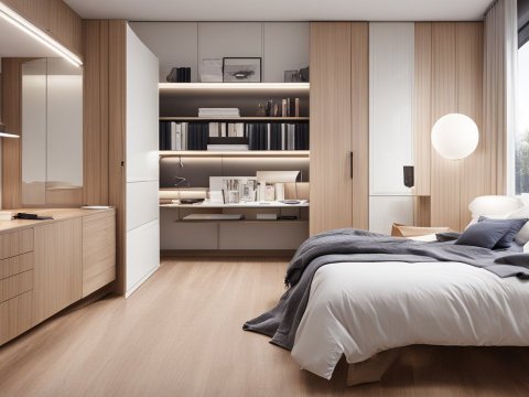 Modern Minimalist Bedroom with Integrated Wardrobe and Workspace