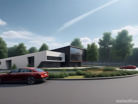 Modern Minimalist House with Red Cars in Lush Green Setting