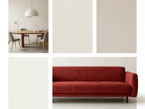 Modern Minimalist Interior with Red Sofa and Dining Area