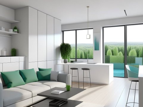 Modern Minimalist Kitchen and Living Space with Green Accents