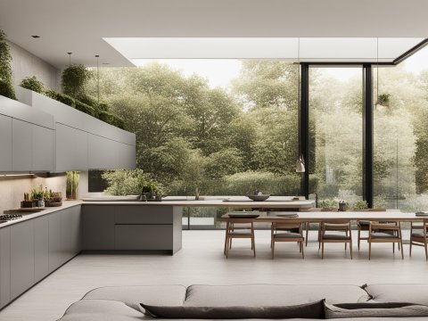 Modern Minimalist Kitchen with Large Windows and Natural Light