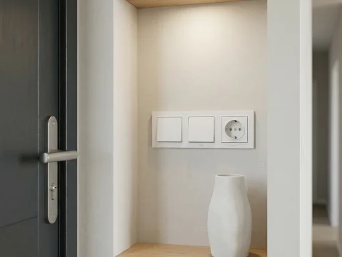 Modern Minimalist Wall Niche with Wooden Shelf and Vase