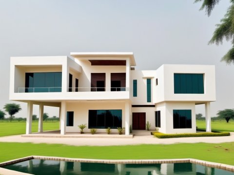 Modern Minimalist White House with Pool and Green Lawn