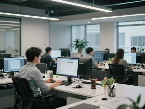 Modern Office Workspace with Professionals at Computers