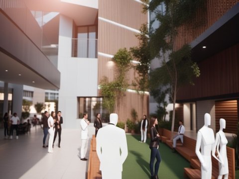 Modern Outdoor Courtyard with People and Mannequins