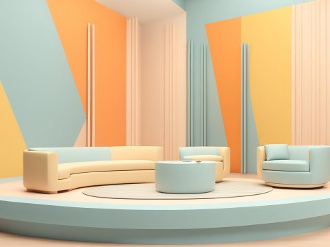 Modern Pastel Living Room with Curved Sofa and Armchairs