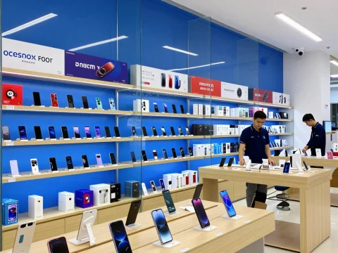 Modern Phone Store Interior with Displayed Smartphones