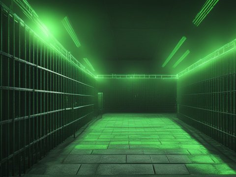 Modern Prison Corridor with Green Neon Lighting