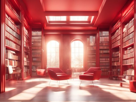 Modern Red Library Interior with Sunlit Seating Area