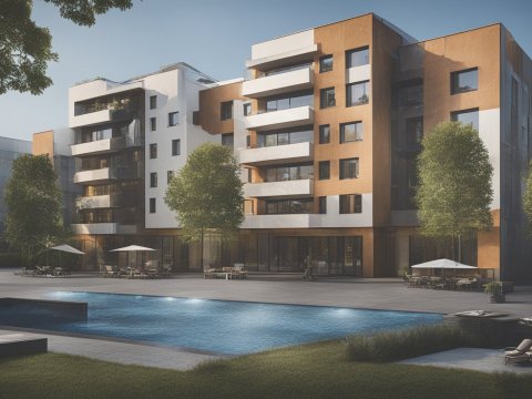 Modern Residential Building with Pool and Outdoor Seating