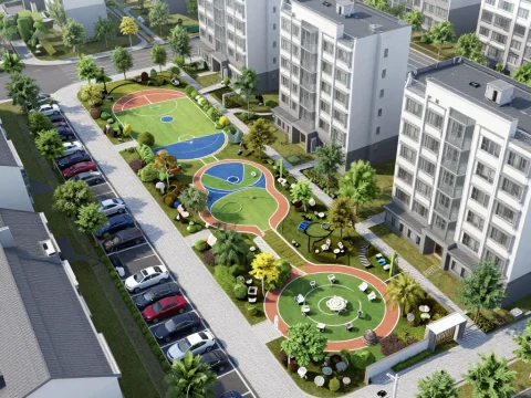 Modern Residential Complex with Colorful Outdoor Recreation Area