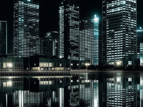 Modern Skyscrapers Reflecting on Water at Night