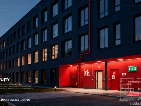 Modern Slovak Building Exterior at Dusk with Red Accents