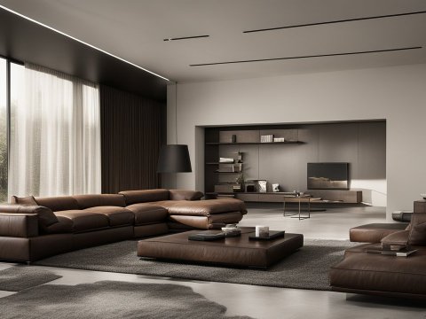 Modern Spacious Living Room with Brown Leather Furniture