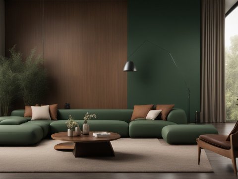 Modern Spacious Living Room with Green Sofa and Wooden Accents