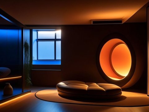 Modern Studio Gym Interior with Circular Lounge and Ambient Lighting