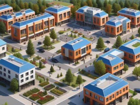 Modern Suburban Community with Blue Roofs and Green Spaces