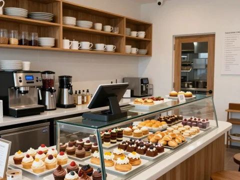Modern Sweet Shop Counter with Assorted Pastries and Coffee Machines