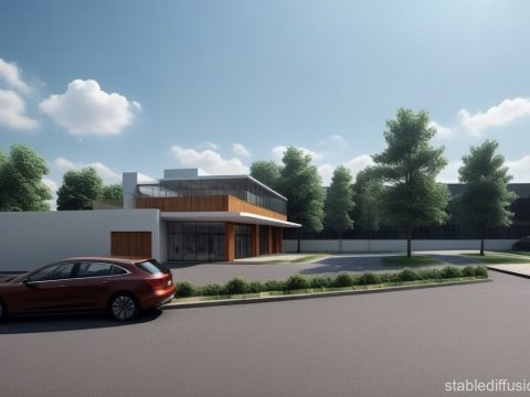 Modern Two-Story Building with Parking and Trees