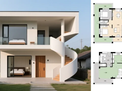 Modern Two-Story House with Spiral Staircase and Floor Plans