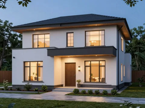 Modern Two-Story House with Warm Lighting at Dusk