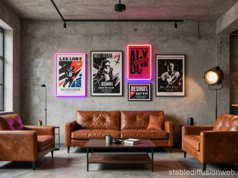 Modern Urban Living Room with Leather Furniture and Neon Art