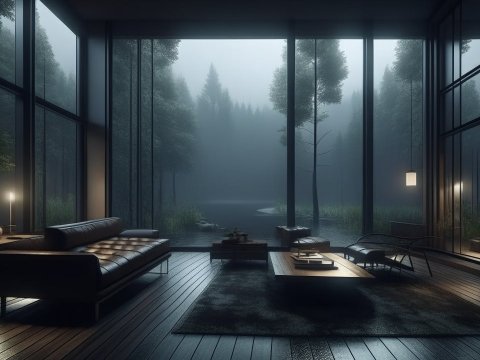 Modern Villa Living Room with Forest View at Dusk