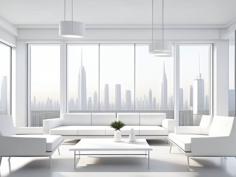 Modern White Conference Room with City Skyline View