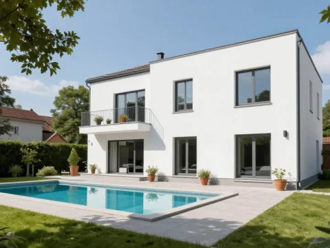 Modern White House with Swimming Pool in Sunny Backyard