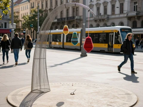 Modern Wire Sculpture with Colorful Hanging Ornaments in Urban Setting