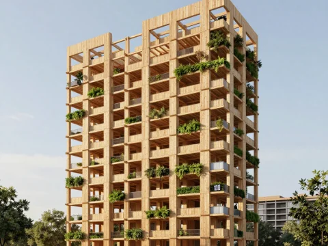 Modern Wooden High-Rise Building with Greenery