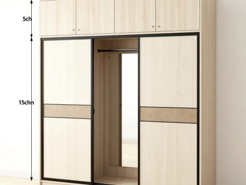 Modern Wooden Wardrobe with Sliding Mirror Door