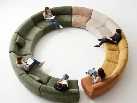 Modular Circular Sofa with People Reading and Working